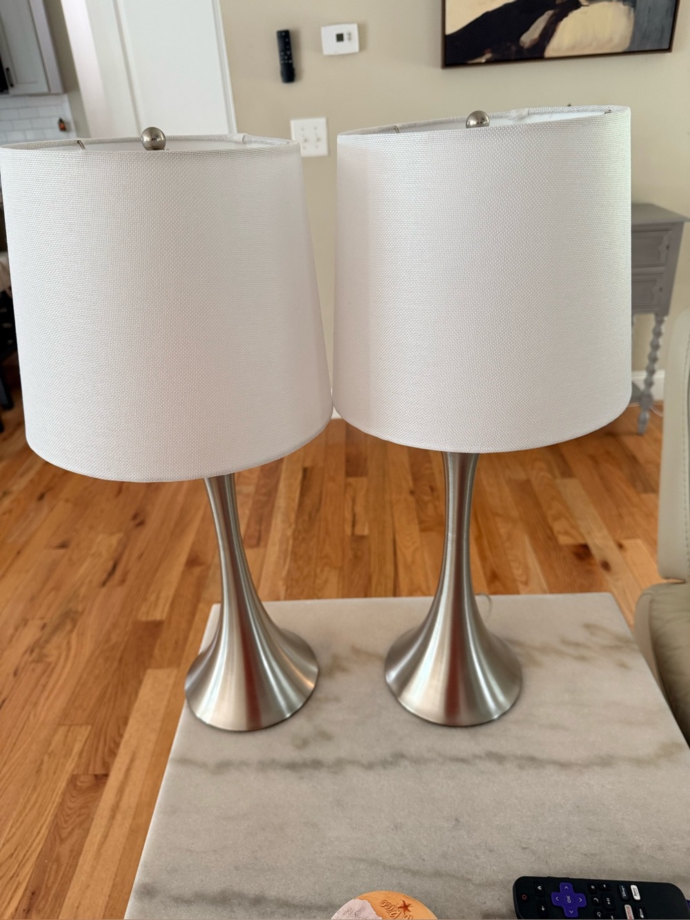 Modern White Table Lamp with Brushed Metal Base - Set of 2